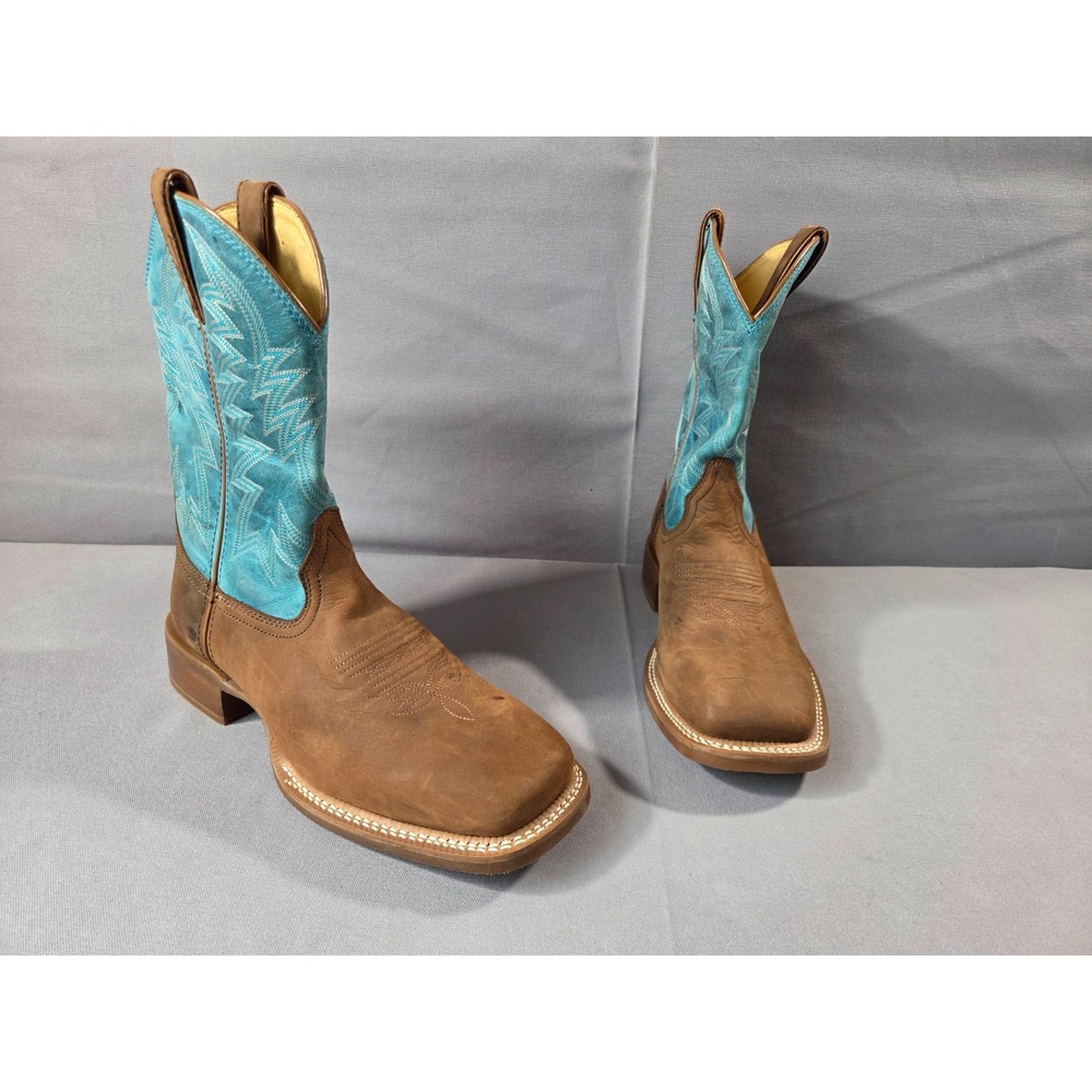 Justin Cowboy Boots Mens 11.5D Brown Blue Big Bucks Wide Square Toe Vibram Sole